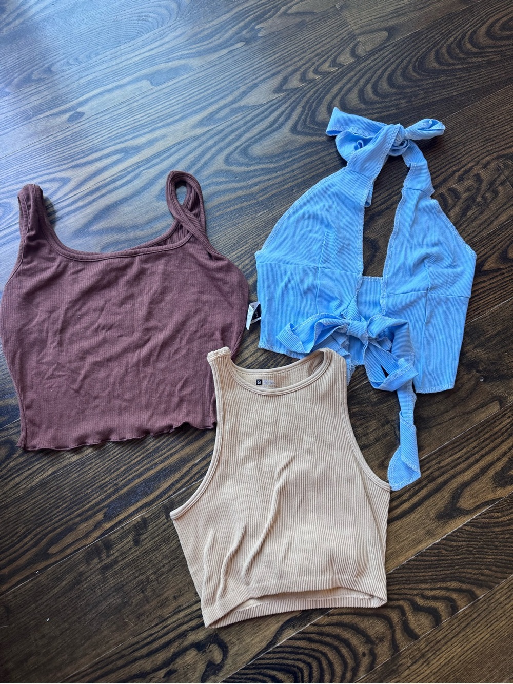 SHEIN Beige Ribbed Crop Tank with Brown and Light Blue Tops - 3-Pack Style